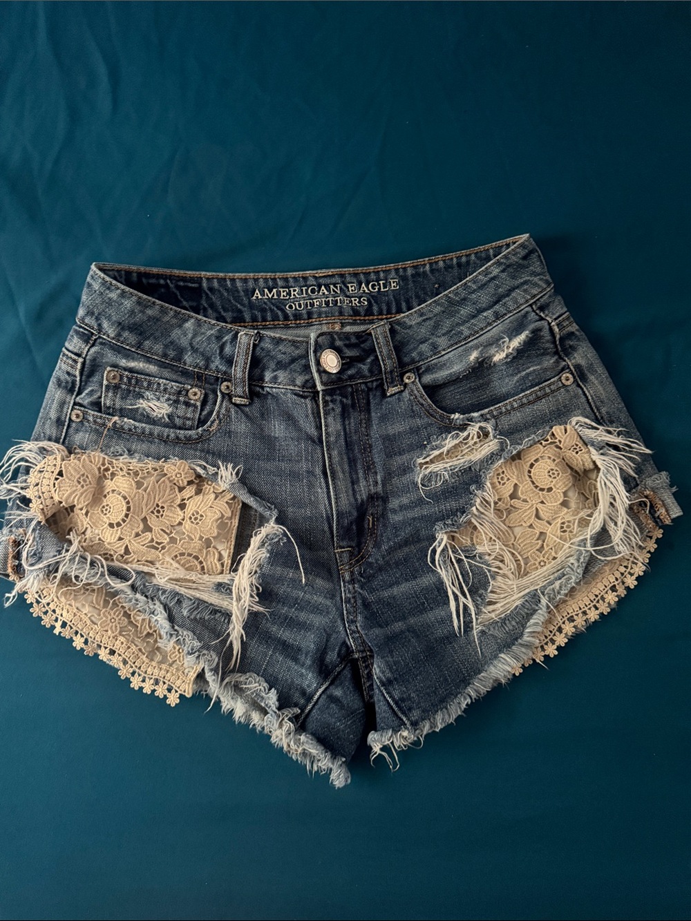 American Eagle Outfitters Dark Blue Denim Lace-Insert Cutoff Shorts